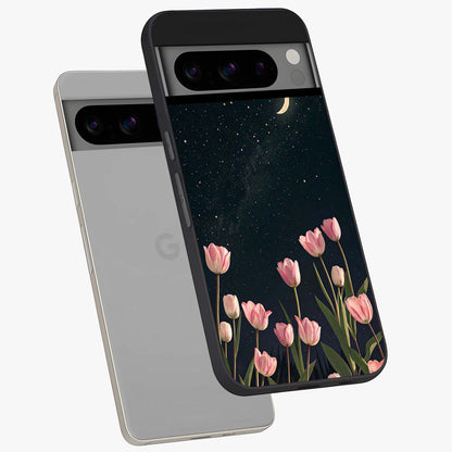 Midnight Tulip Whispers Vibe Glass Case displayed in angled mockup highlighting delicate tulip design with midnight floral aesthetic.