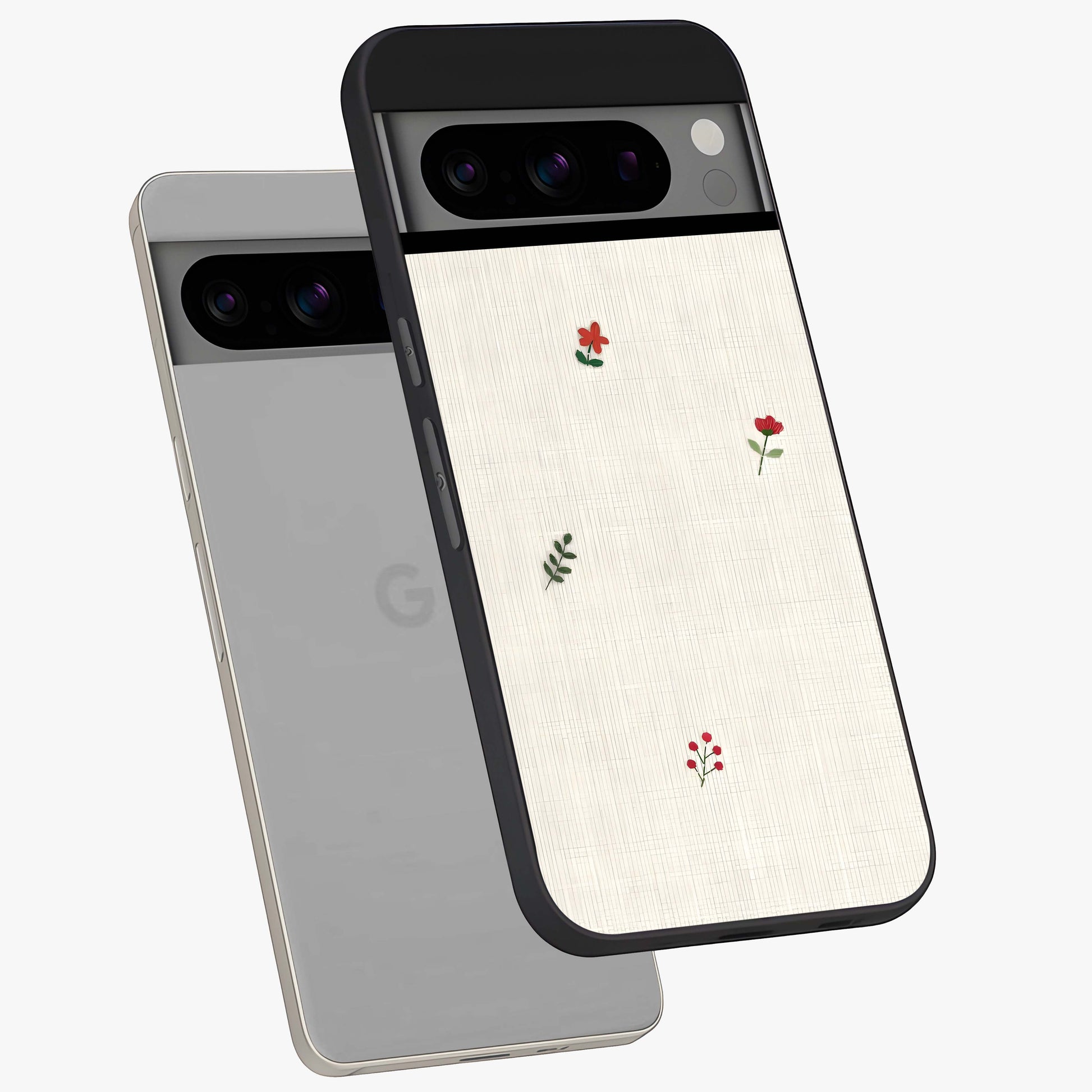 Minimalistic Blue With White Flower Pattern Glass Case displayed in angled mockup highlighting simple floral design with minimal aesthetic.