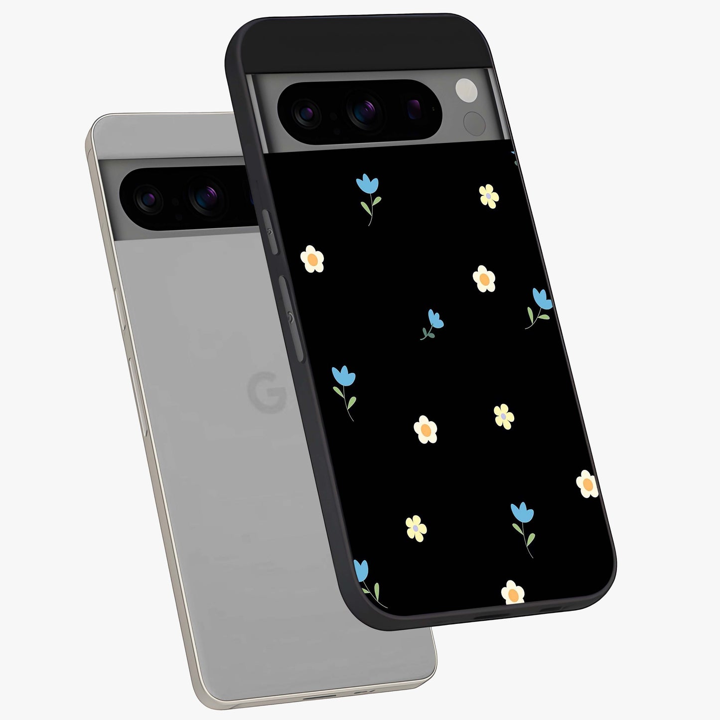 Minimal Petal Whispers Glass Case displayed in angled mockup highlighting delicate petal design with clean minimal aesthetic.