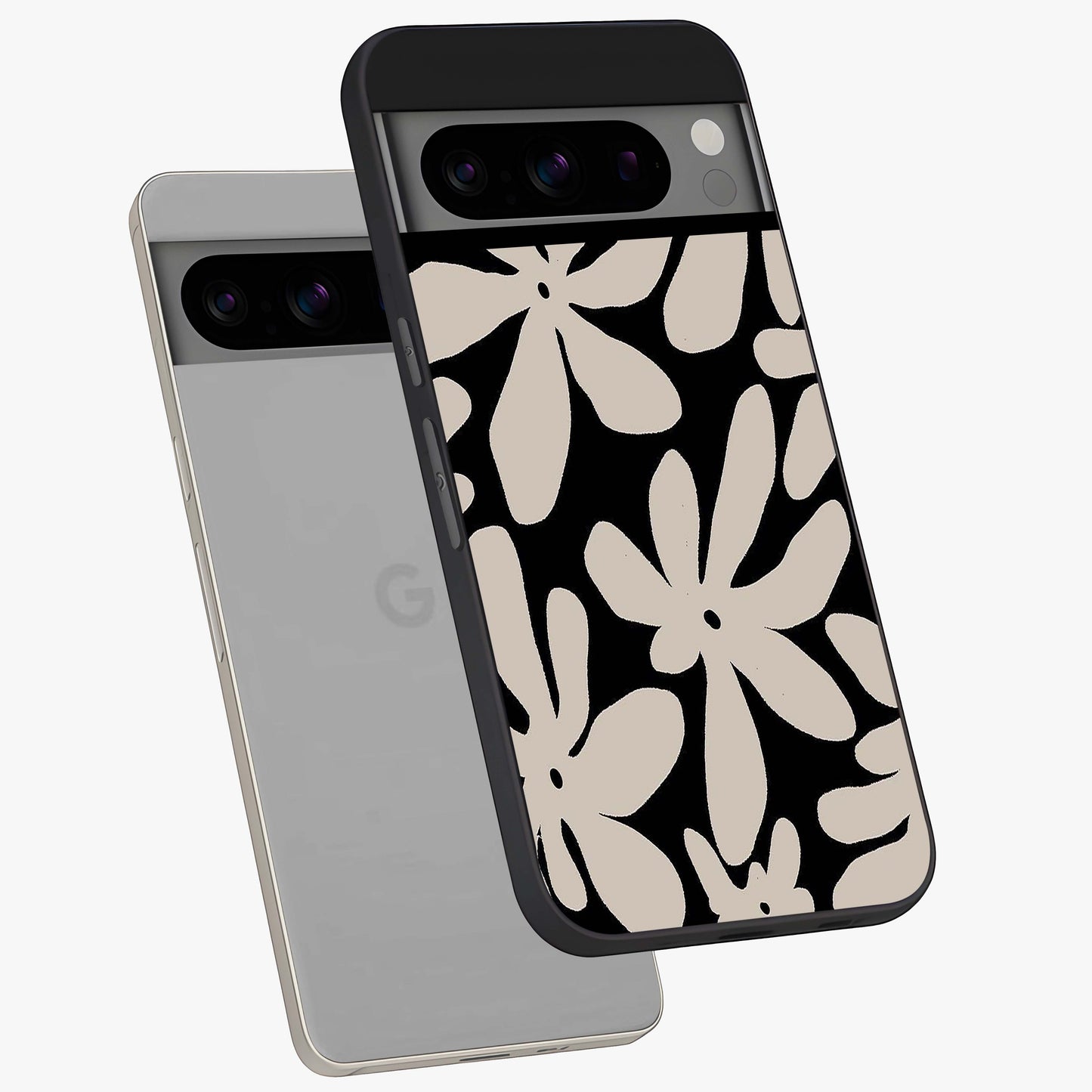 Monochrome Petal Dance Glass Case displayed in angled mockup highlighting elegant petal design with black and white aesthetic.