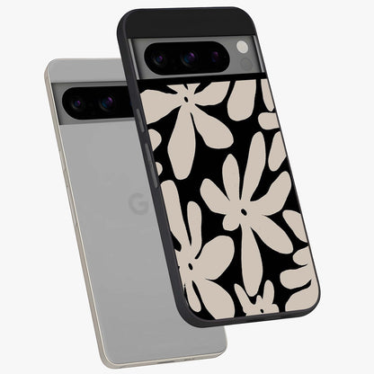 Monochrome Petal Dance Glass Case displayed in angled mockup highlighting elegant petal design with black and white aesthetic.