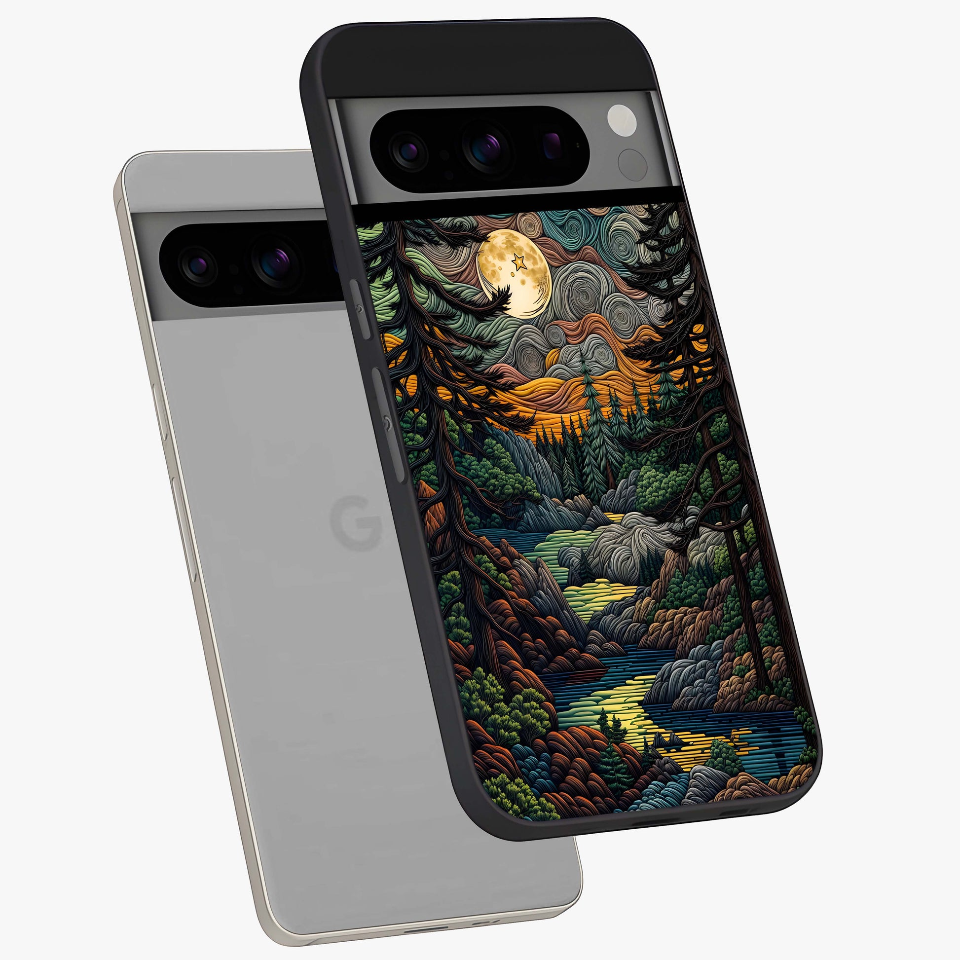 Moonlight Forest Dream Glass Case displayed in angled mockup highlighting dreamy forest design with glowing moon aesthetic.