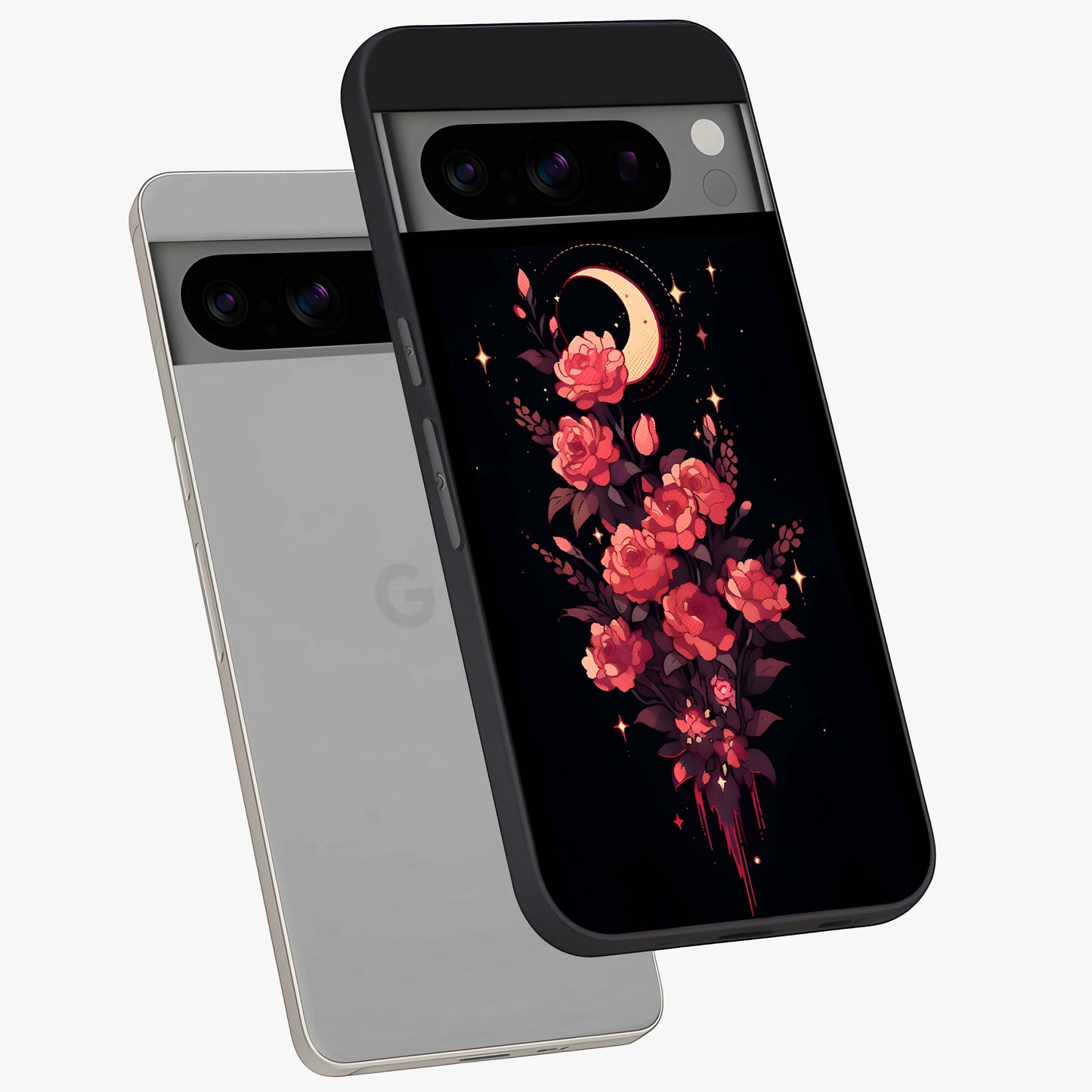 Moonlit Floral Elegance Glass Case displayed in angled mockup highlighting graceful flower design with soft moonlight aesthetic.