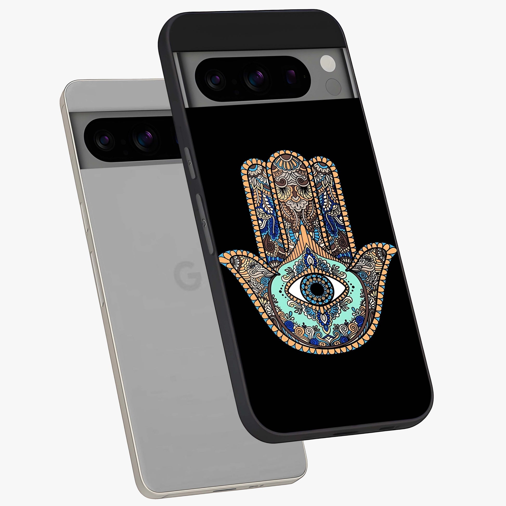 Mystic Hamsa Eye Glass Case displayed in angled mockup highlighting spiritual hamsa symbol with mystical aesthetic style.