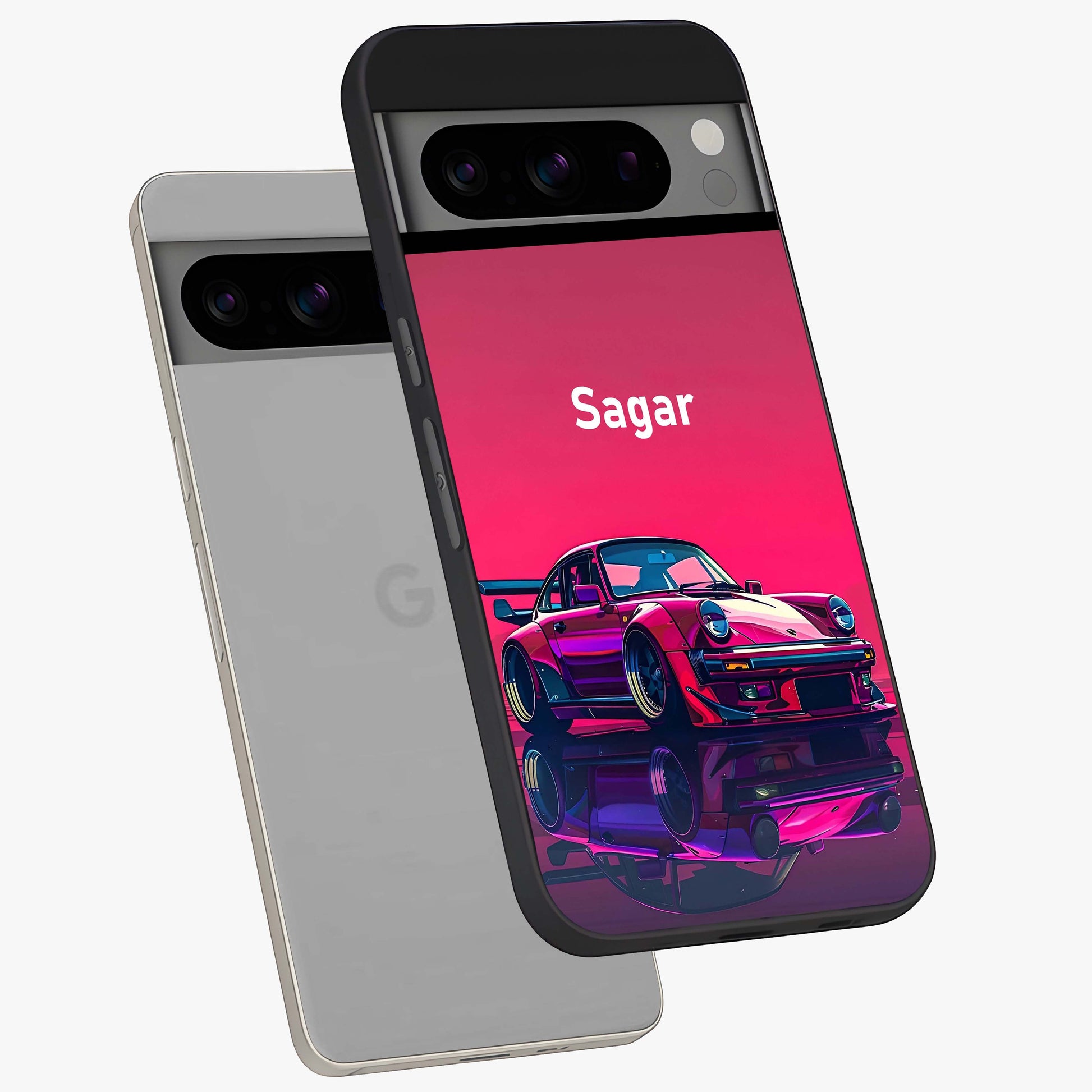 Neon Pink Porsche Glass Case displayed in angled mockup highlighting sleek neon pink car design with racing aesthetic.