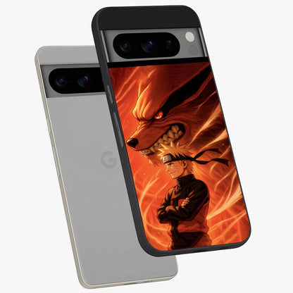 Nine Tails Legacy Glass Case displayed in angled mockup highlighting dynamic anime beast illustration with bold mystical aesthetic.