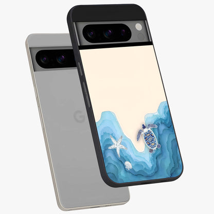 Ocean Drift Turtle Glass Case displayed in angled mockup highlighting peaceful ocean turtle illustration with marine aesthetic.
