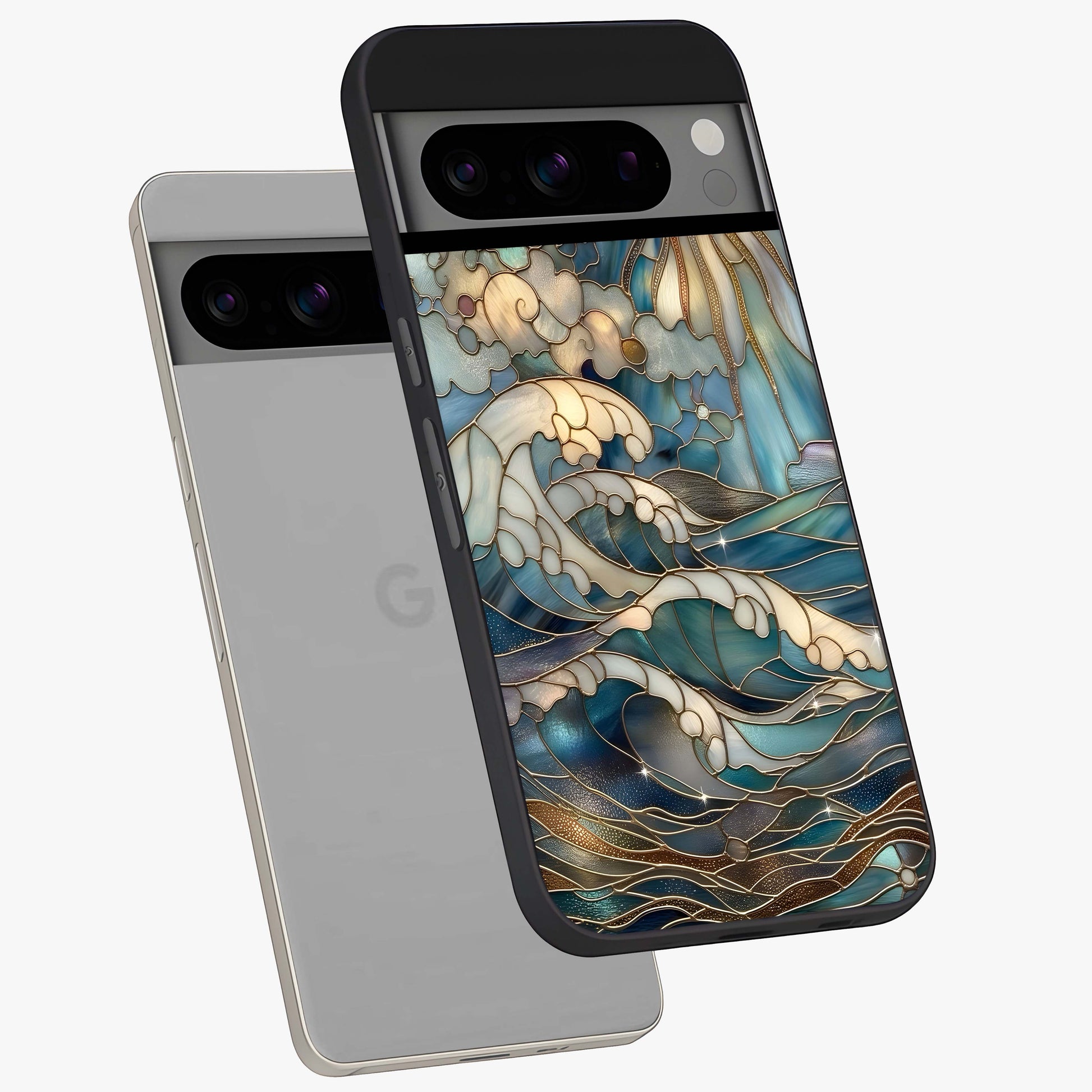 Oceanic Stained Printed Glass Case displayed in angled mockup highlighting colorful aquatic design with artistic aesthetic style.