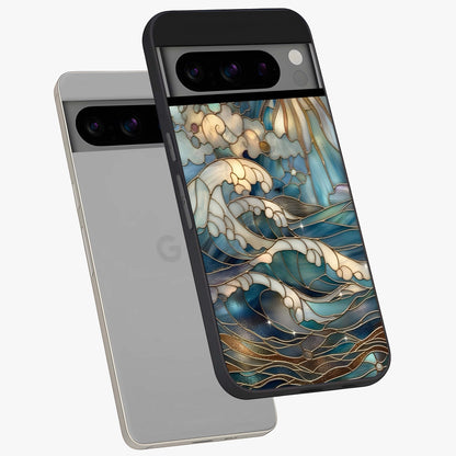 Oceanic Stained Printed Glass Case displayed in angled mockup highlighting colorful aquatic design with artistic aesthetic style.