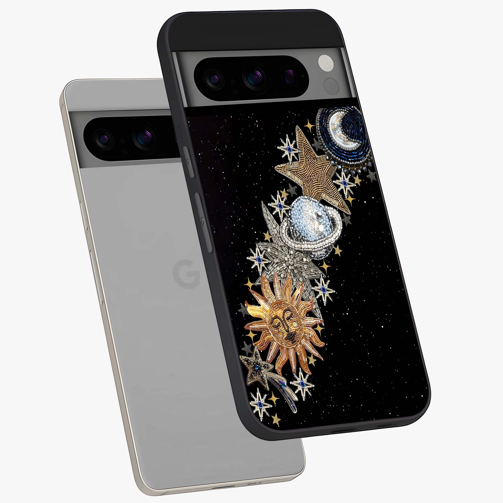 Pearls Universe Object Glass Case displayed in angled mockup highlighting celestial pearl design with dreamy aesthetic.