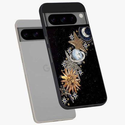 Pearls Universe Object Glass Case displayed in angled mockup highlighting celestial pearl design with dreamy aesthetic.