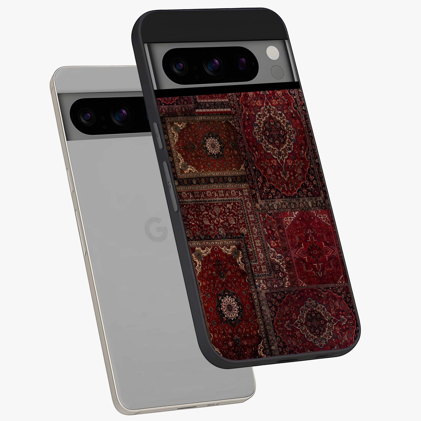Persian Velvet Tale Glass Case displayed in angled mockup highlighting ornate textile inspired design with royal aesthetic.