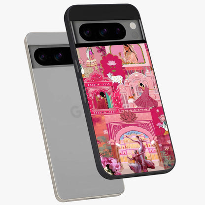 Pink Palace Muse Glass Case displayed in angled mockup highlighting dreamy palace illustration with soft pink aesthetic.