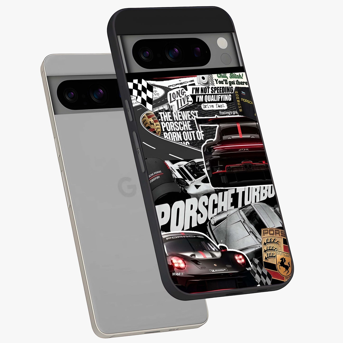 Porsche Racing Collage Glass Case displayed in angled mockup highlighting dynamic automotive design with bold racing aesthetic.