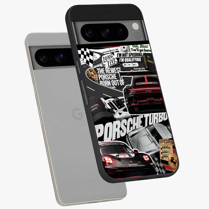 Porsche Racing Collage Glass Case displayed in angled mockup highlighting dynamic automotive design with bold racing aesthetic.