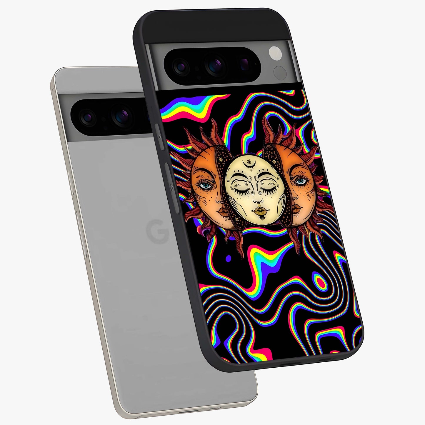 Psychedelic Sun Glass Case displayed in angled mockup highlighting vibrant abstract sun design with artistic aesthetic style.