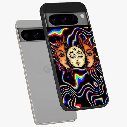 Psychedelic Sun Glass Case displayed in angled mockup highlighting vibrant abstract sun design with artistic aesthetic style.