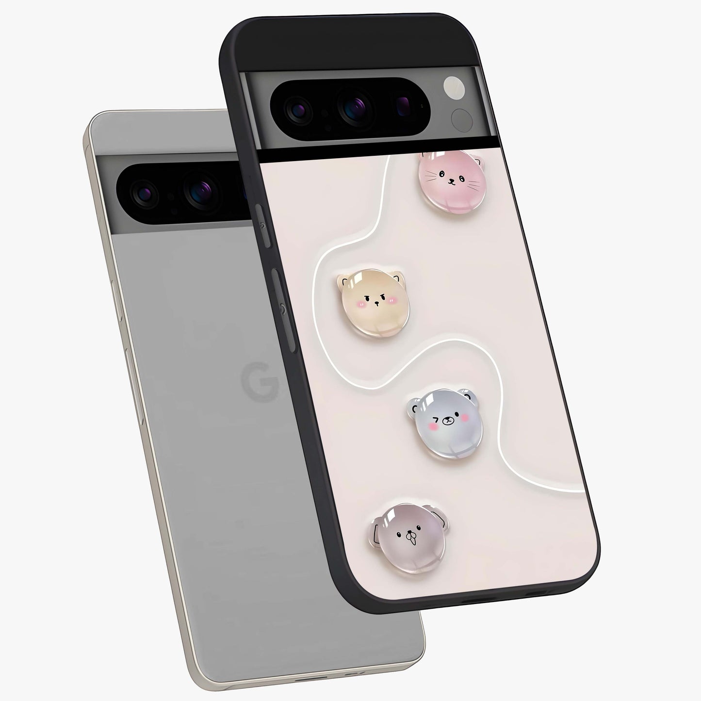 Puffy Face Parade Glass Case displayed in angled mockup highlighting playful cartoon face design with fun aesthetic.