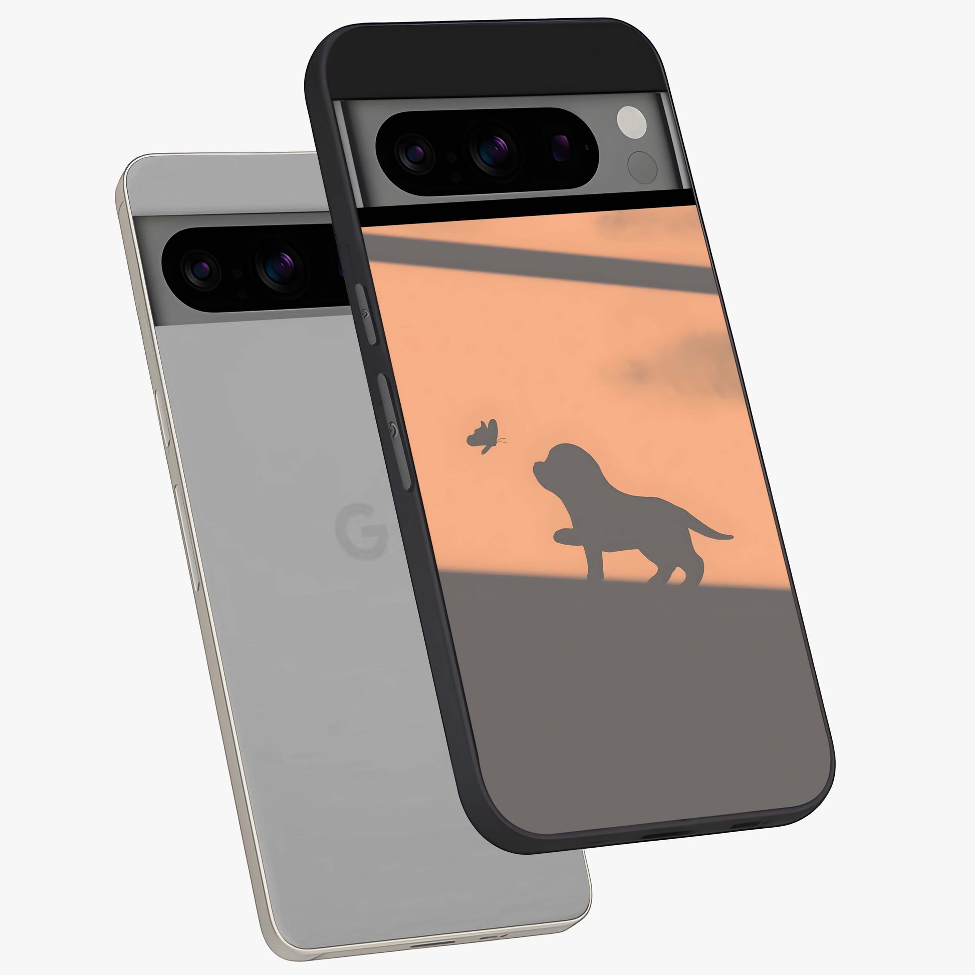 Puppy Shadow Art Glass Case displayed in angled mockup highlighting playful dog illustration with artistic shadow aesthetic.