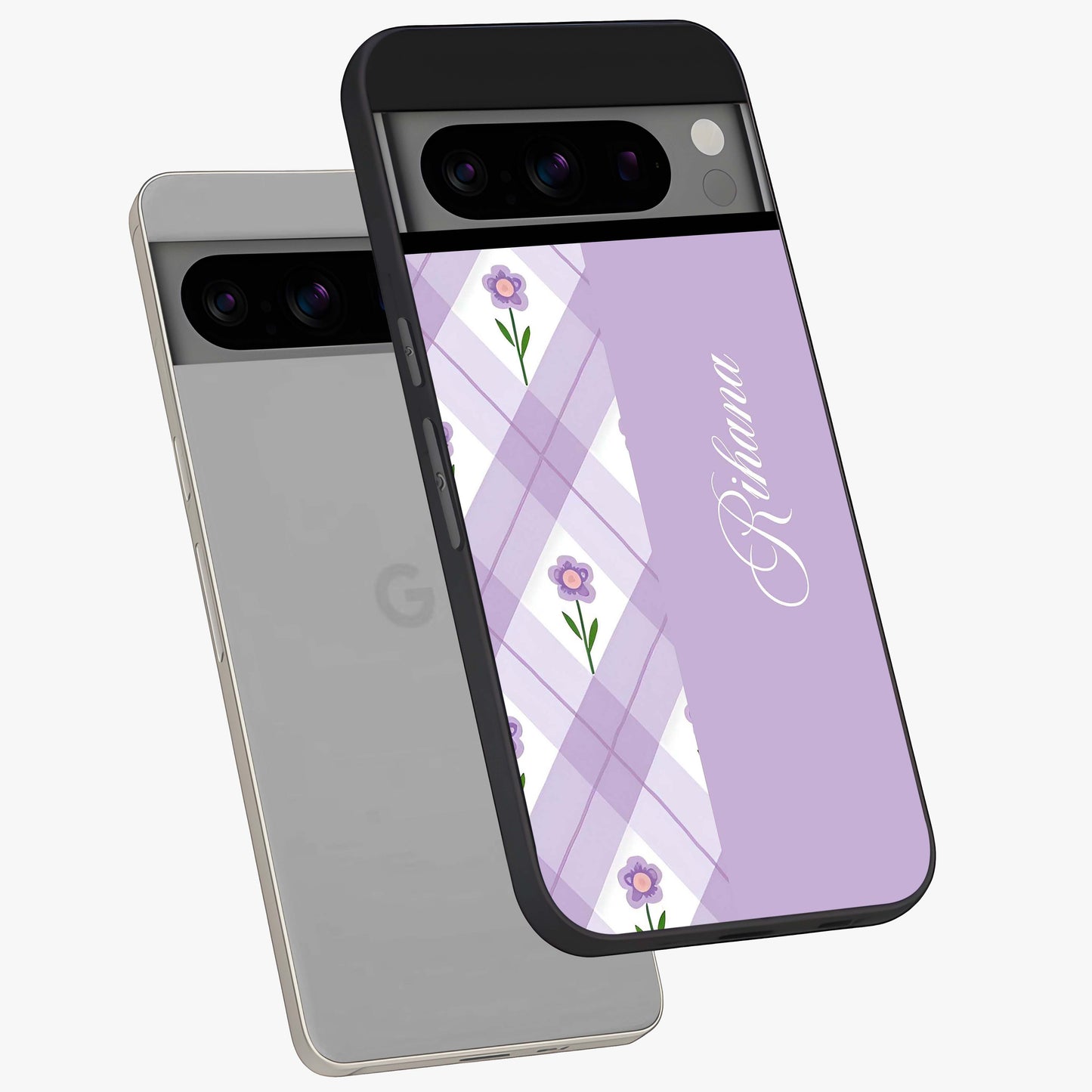 Purple Diamond Floral Glass Case displayed in angled mockup highlighting elegant purple flower design with decorative pattern.