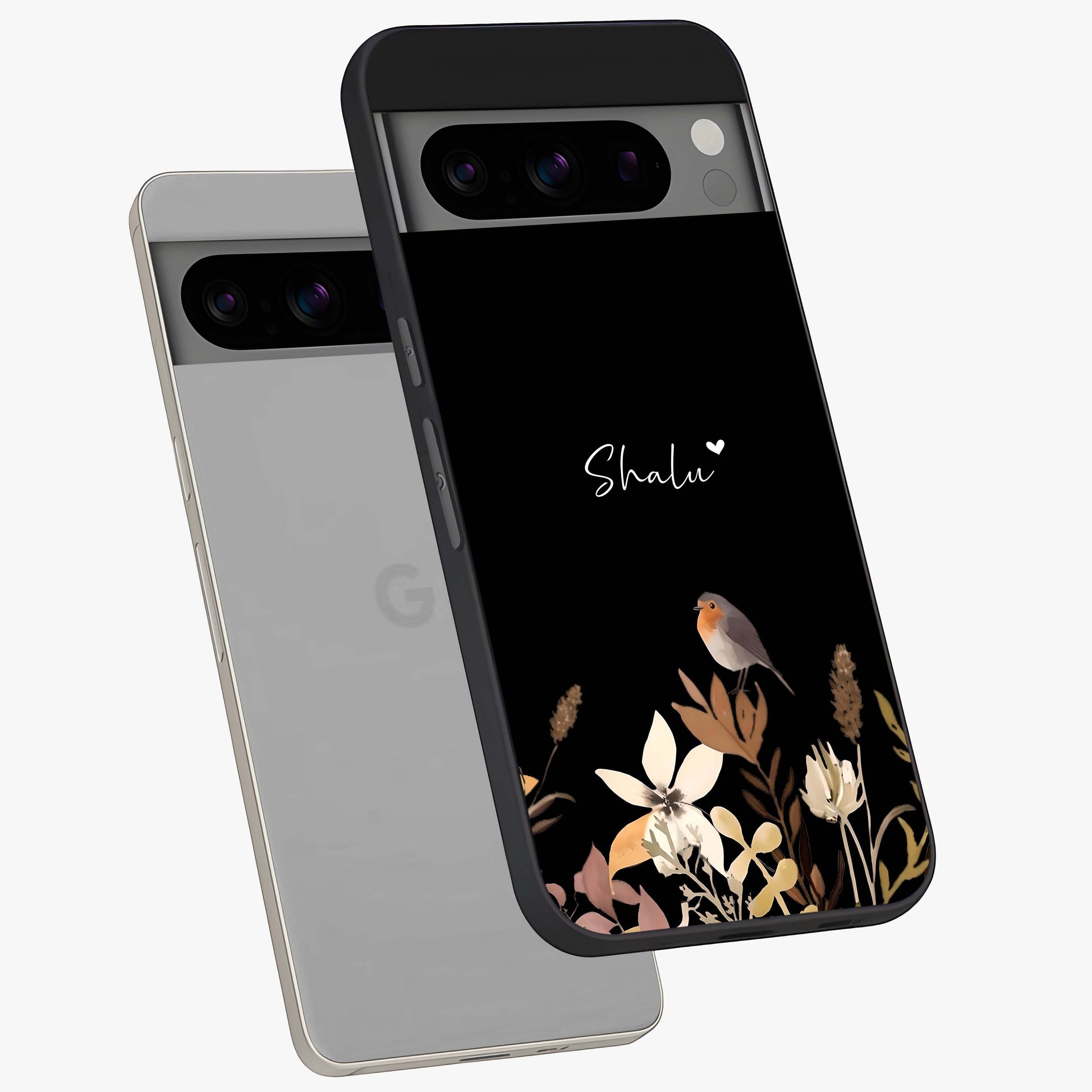 Quiet Garden Tune Custom Name Glass Case displayed in angled mockup highlighting delicate floral garden design with custom name feature.