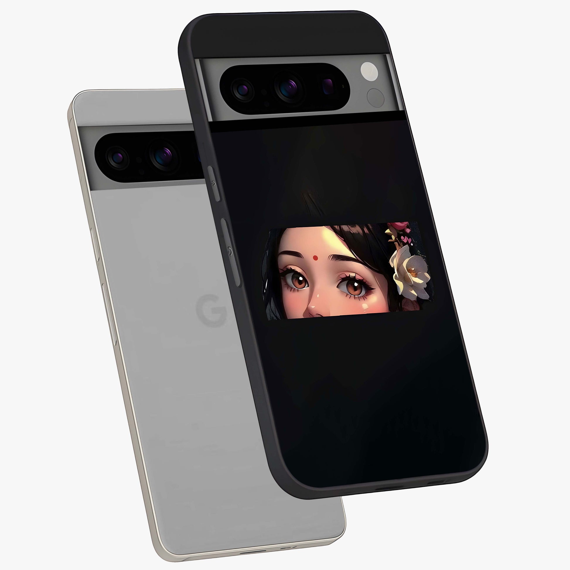 Radha Divine Embrace Glass Case displayed in angled mockup highlighting graceful spiritual illustration with divine aesthetic.
