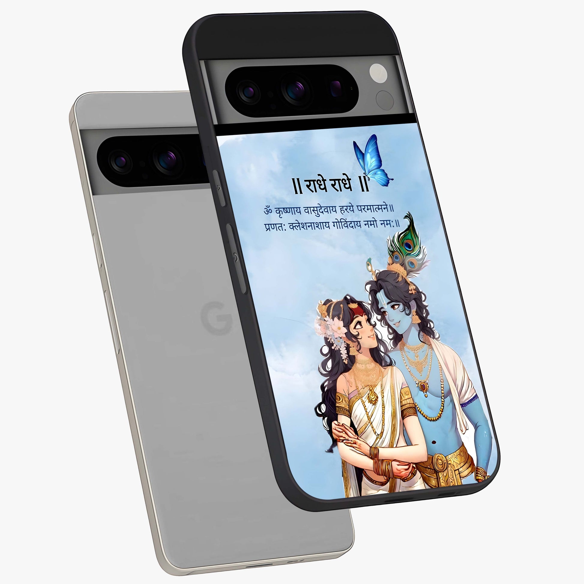 Radha Krishna Eternal Glass Case displayed in angled mockup highlighting divine Radha Krishna illustration with spiritual aesthetic.