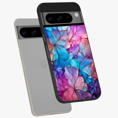 Radiant Floral Whirl Glass Case displayed in angled mockup highlighting vibrant flower pattern with dynamic artistic aesthetic.