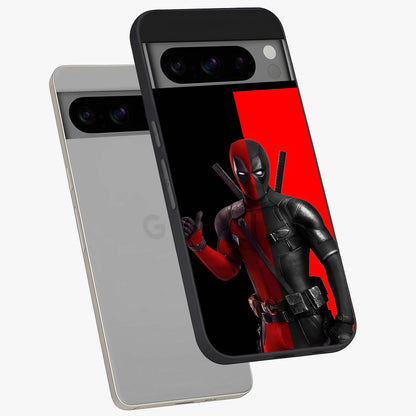 Red & Black Deadpool Theme Glass Case displayed in angled mockup highlighting vibrant superhero style illustration with action aesthetic.