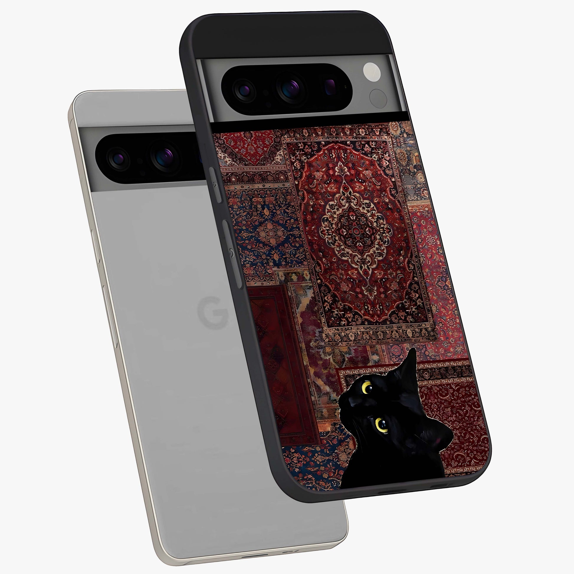 Regal Magic Cat Apple Glass Case displayed in angled mockup highlighting whimsical feline design with fantasy aesthetic.