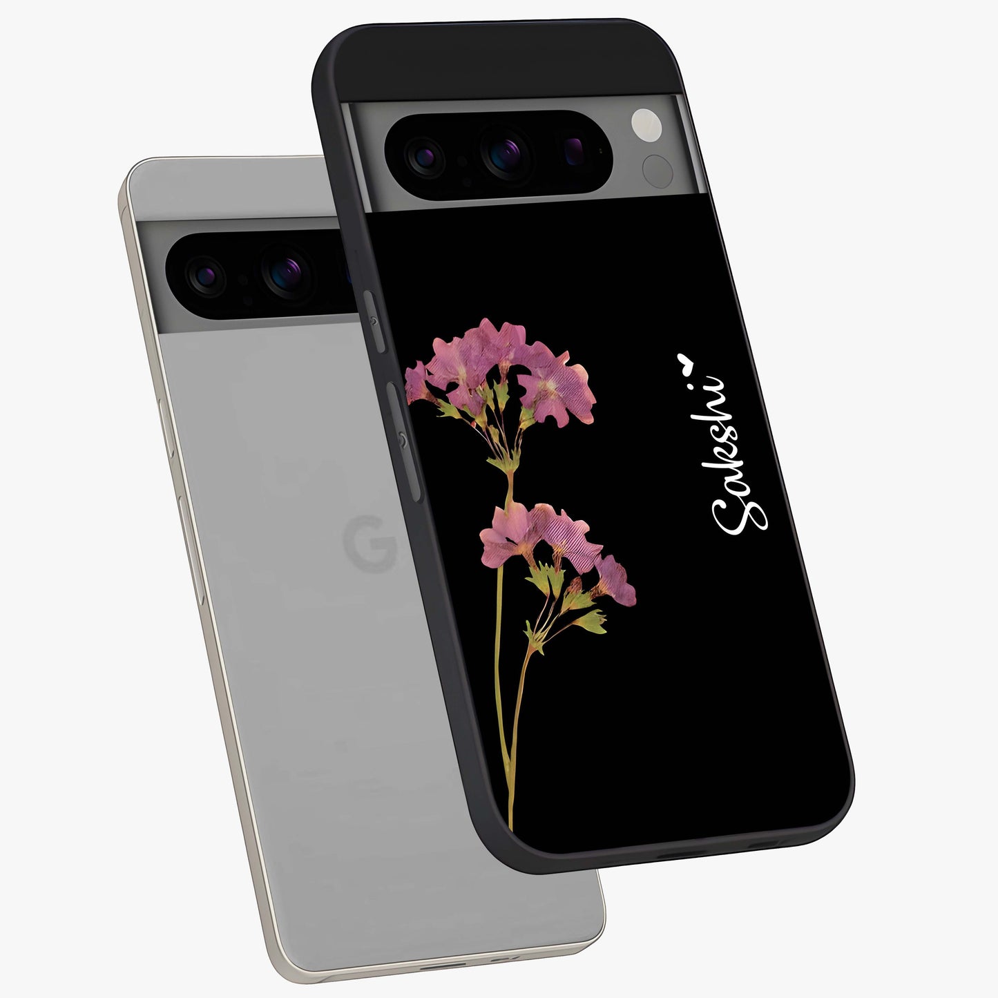 Riching Lavender Flower Custom Name Glass Case displayed in angled mockup highlighting delicate lavender flower design with custom name feature.