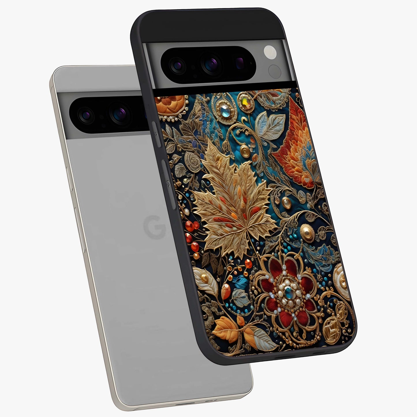 Royal Jewel Garden Glass Case displayed in angled mockup highlighting vibrant jewel inspired floral design with elegant aesthetic.