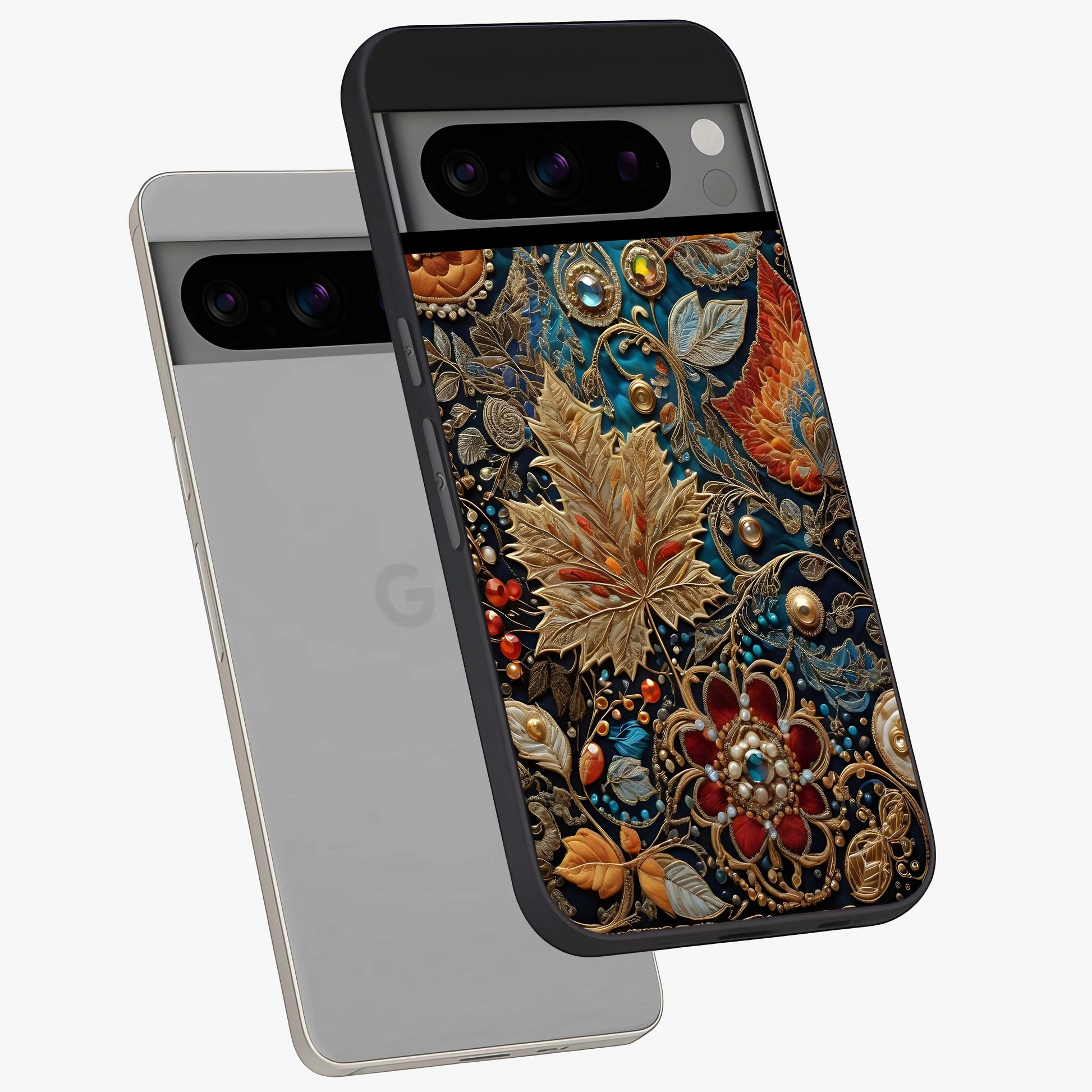 Royal Jewel Garden Glass Case displayed in angled mockup highlighting vibrant jewel inspired floral design with elegant aesthetic.