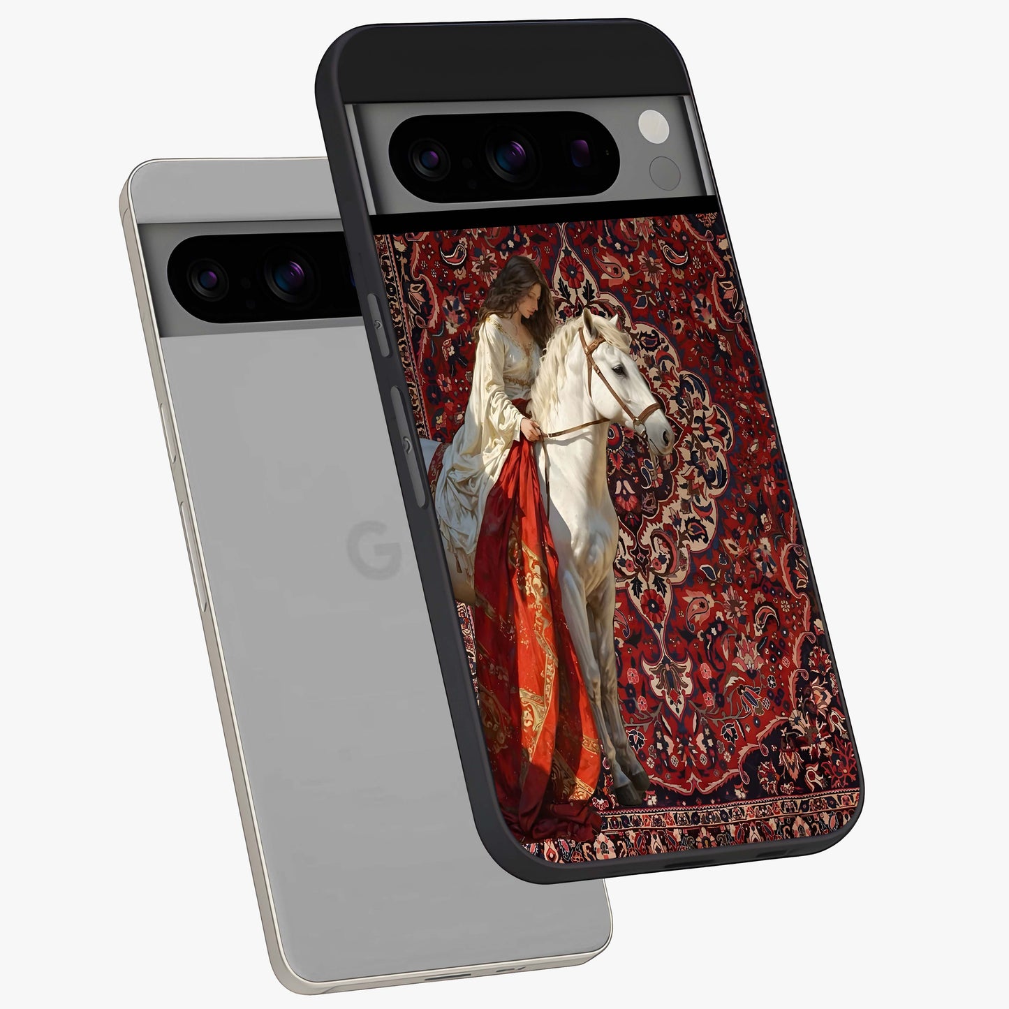 Royal Rider Tapestry Glass Case displayed in angled mockup highlighting traditional tapestry design with royal heritage aesthetic.