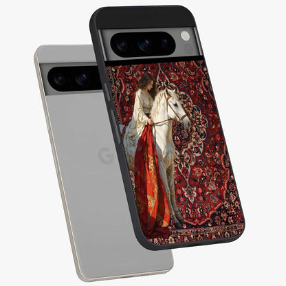 Royal Rider Tapestry Glass Case displayed in angled mockup highlighting traditional tapestry design with royal heritage aesthetic.