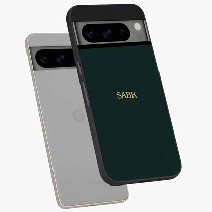 Sabr Minimal Patience Glass Case displayed in angled mockup highlighting simple inspirational design with clean aesthetic style.