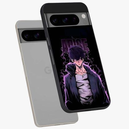 Shadow Monarch Awakening Glass Case displayed in angled mockup highlighting dramatic shadow warrior design with fantasy aesthetic.
