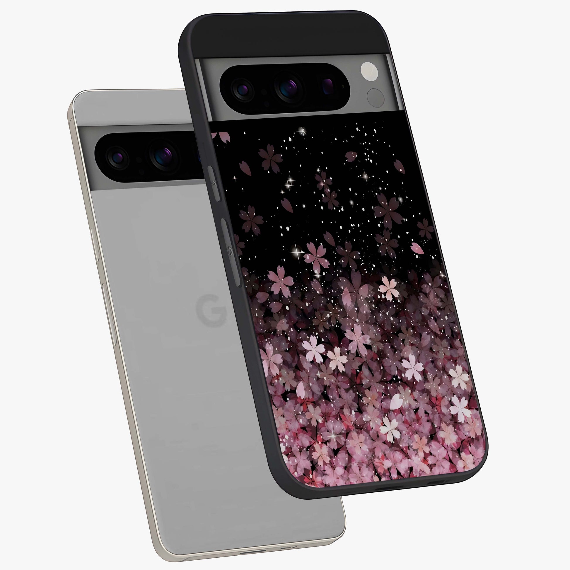Small Starry Flowers Glass Case displayed in angled mockup highlighting tiny flower pattern with celestial aesthetic style.