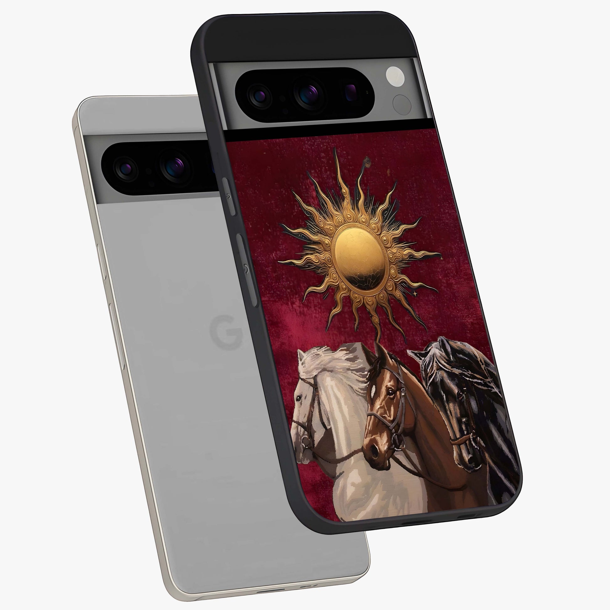 Solar Riders Glass Case displayed in angled mockup highlighting powerful rider illustration with radiant solar aesthetic.