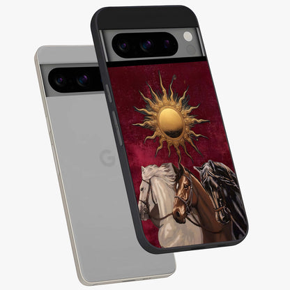 Solar Riders Glass Case displayed in angled mockup highlighting powerful rider illustration with radiant solar aesthetic.