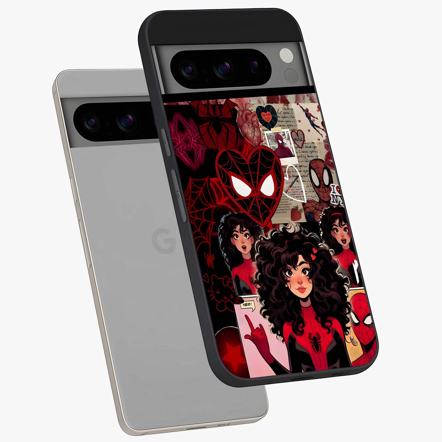 Spider Love Story Glass Case displayed in angled mockup highlighting expressive comic inspired design with playful aesthetic.