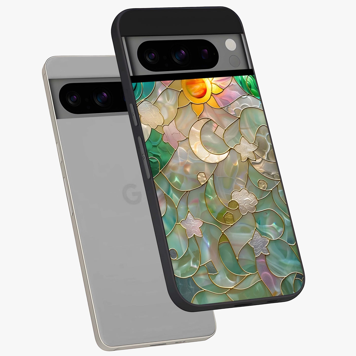 Stained Sunrise Glow Glass Case displayed in angled mockup highlighting radiant sunrise design with artistic aesthetic style.