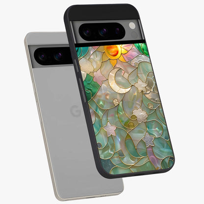 Stained Sunrise Glow Glass Case displayed in angled mockup highlighting radiant sunrise design with artistic aesthetic style.