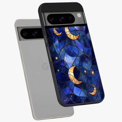 Starlit Sky Tapestry Glass Case displayed in angled mockup highlighting celestial night pattern with artistic aesthetic style.