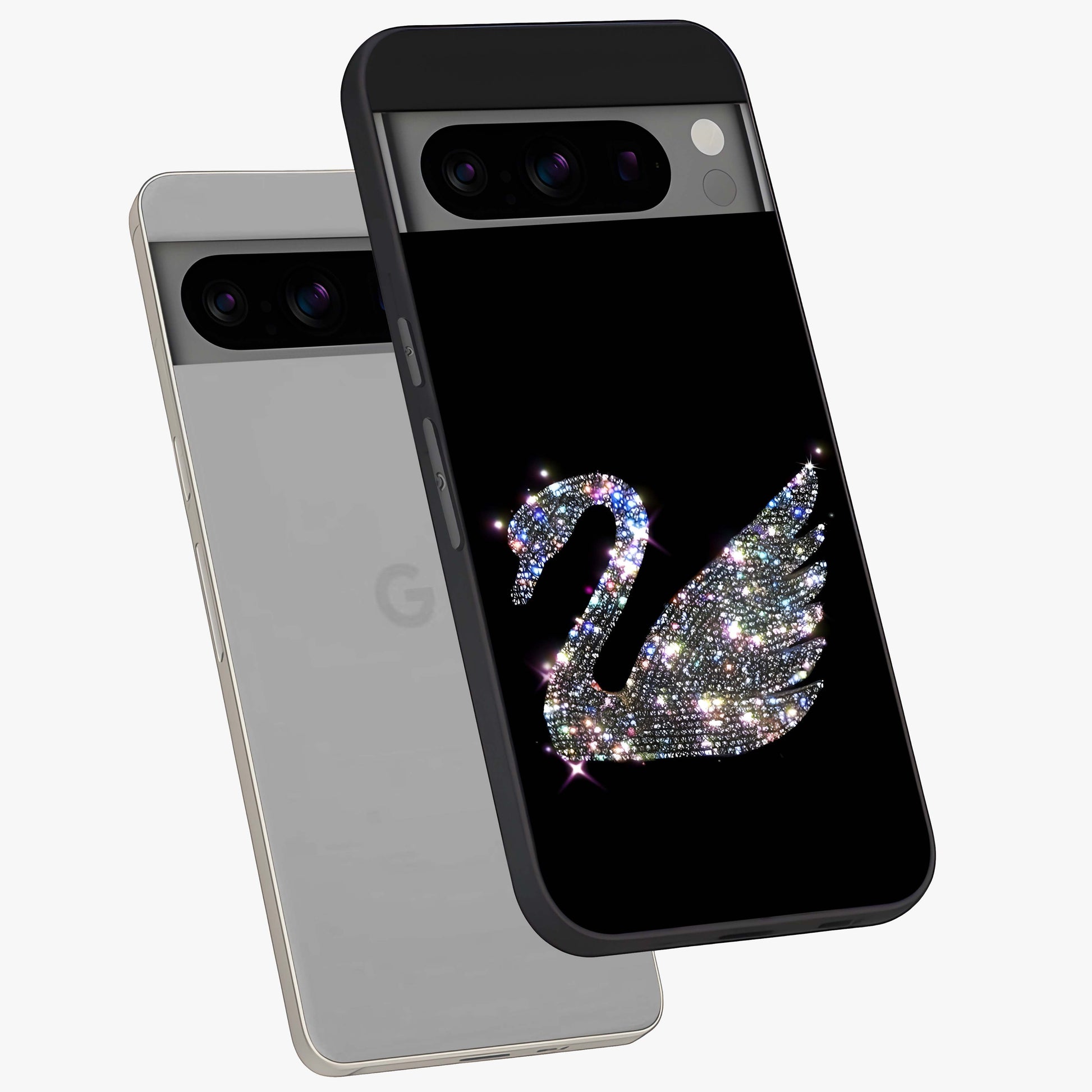 Starlit Swan Grace Glass Case displayed in angled mockup highlighting elegant swan illustration with dreamy celestial aesthetic.