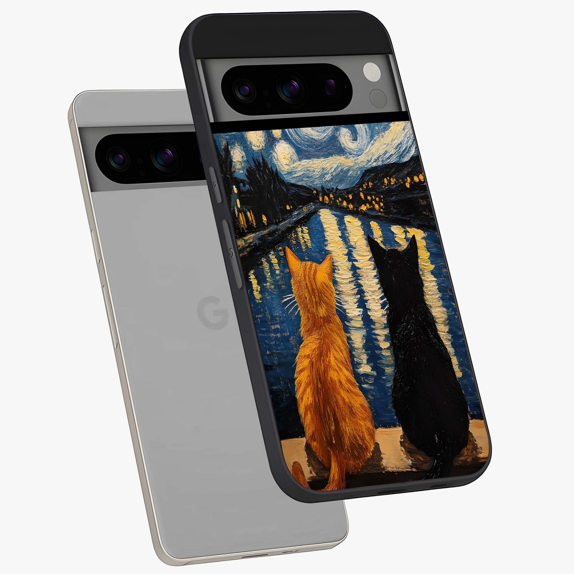 Starry River Cats Glass Case displayed in angled mockup highlighting charming feline illustration with dreamy night aesthetic.
