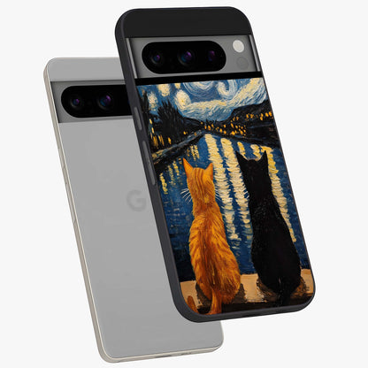 Starry River Cats Glass Case displayed in angled mockup highlighting charming feline illustration with dreamy night aesthetic.