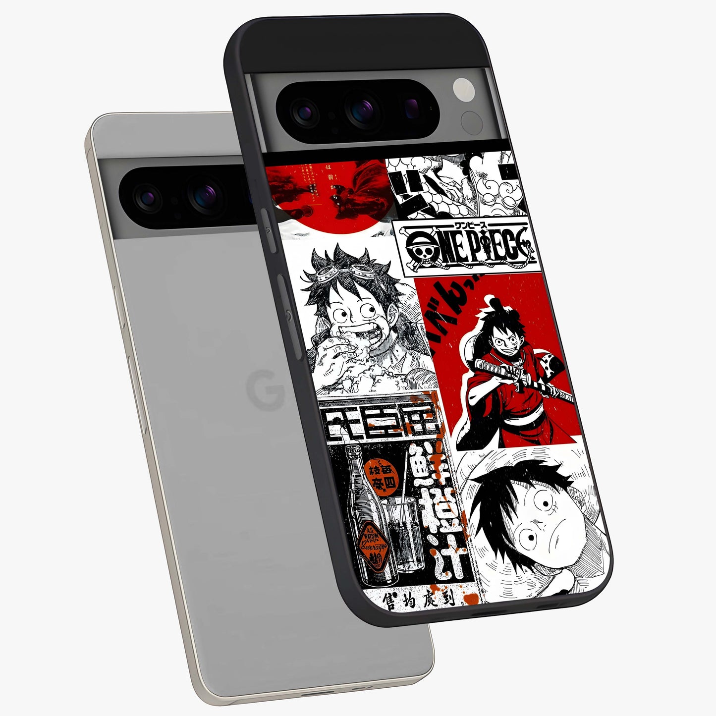 Strawhat Chaos Panels Glass Case displayed in angled mockup highlighting vibrant anime collage design with action aesthetic.