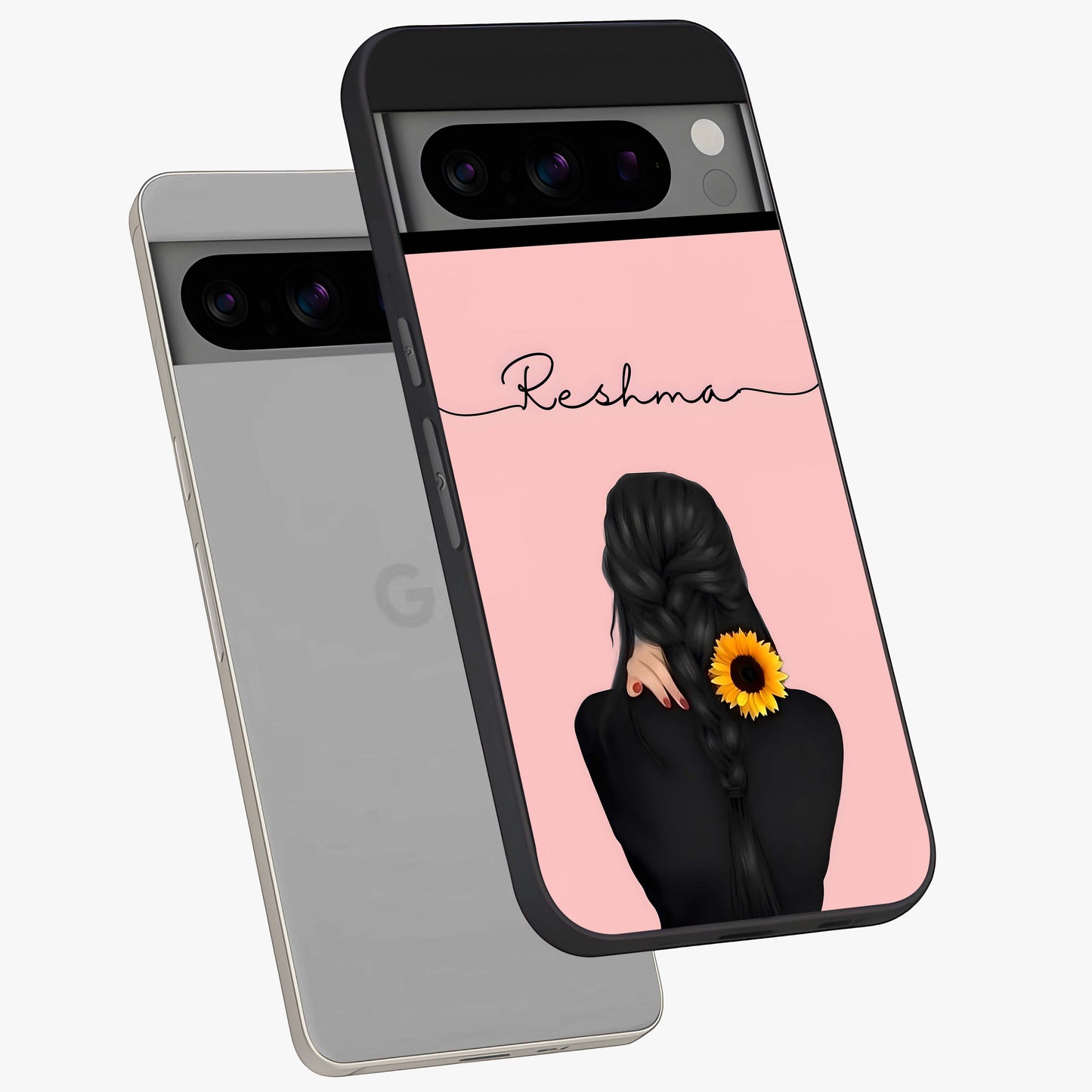 Sunflower Braid Beauty With Custom Name Glass Case displayed in angled mockup highlighting elegant sunflower design with custom name feature.