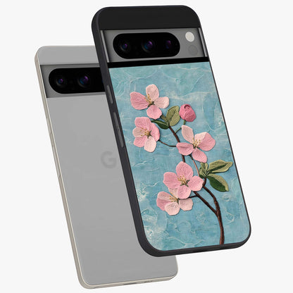 Threaded Blossom Breeze Glass Case displayed in angled mockup highlighting elegant floral design with soft aesthetic style.